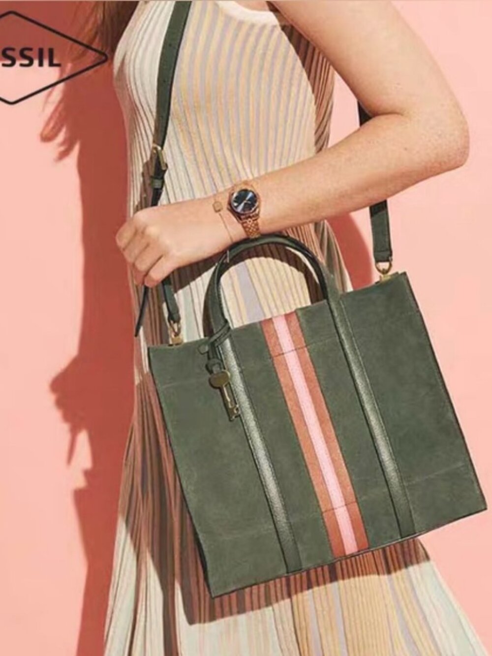 Fossil Carmen Shopper Green Suede Pink Leather Stripes Crossbody Top Handle Tote - Picture 2 of 14
